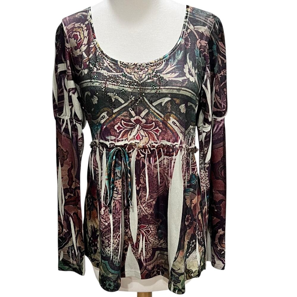 BLEU Y2K Blouse S Multicolor Floral Paisley Embellished Fairy Grunge Boho Top